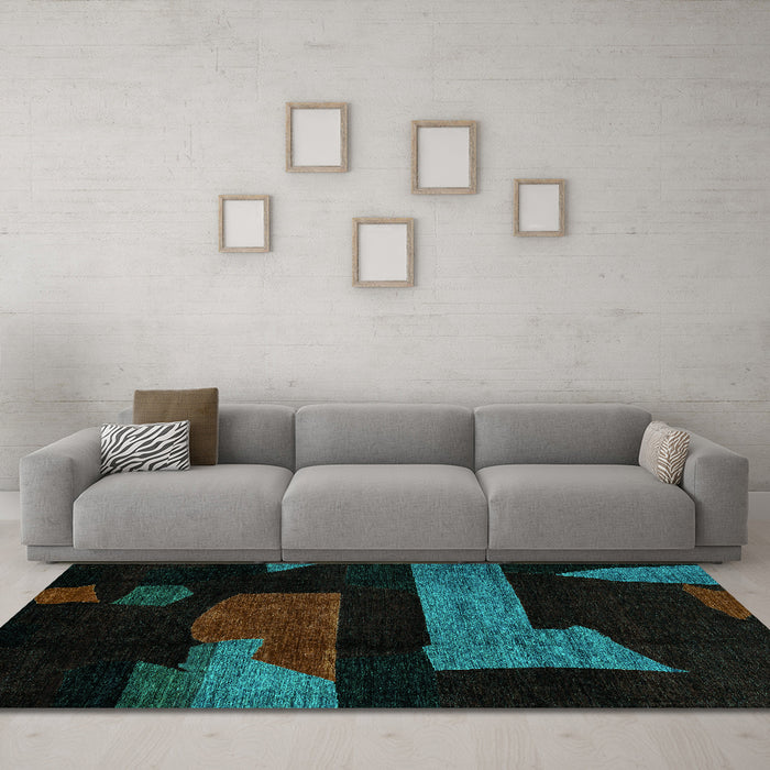 Machine Washable Oriental Turquoise Modern Area Rugs in a Living Room,, wshabs4249turq