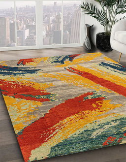 Abstract Metallic Gold Oriental Rug in Family Room, abs4250