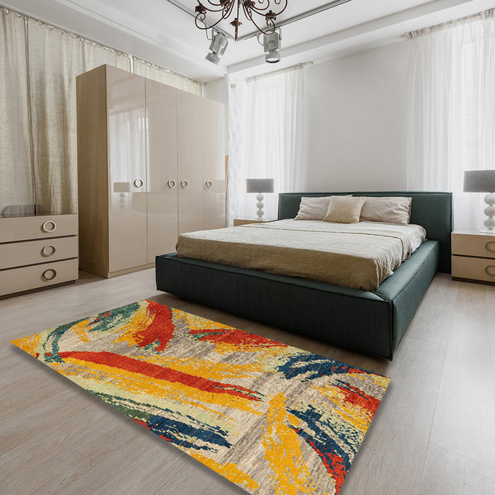 Abstract Metallic Gold Oriental Rug in a Bedroom, abs4250