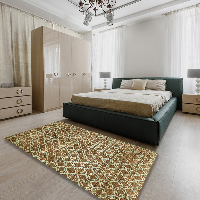 Machine Washable Abstract Ginger Brown Green Rug in a Bedroom, wshabs425