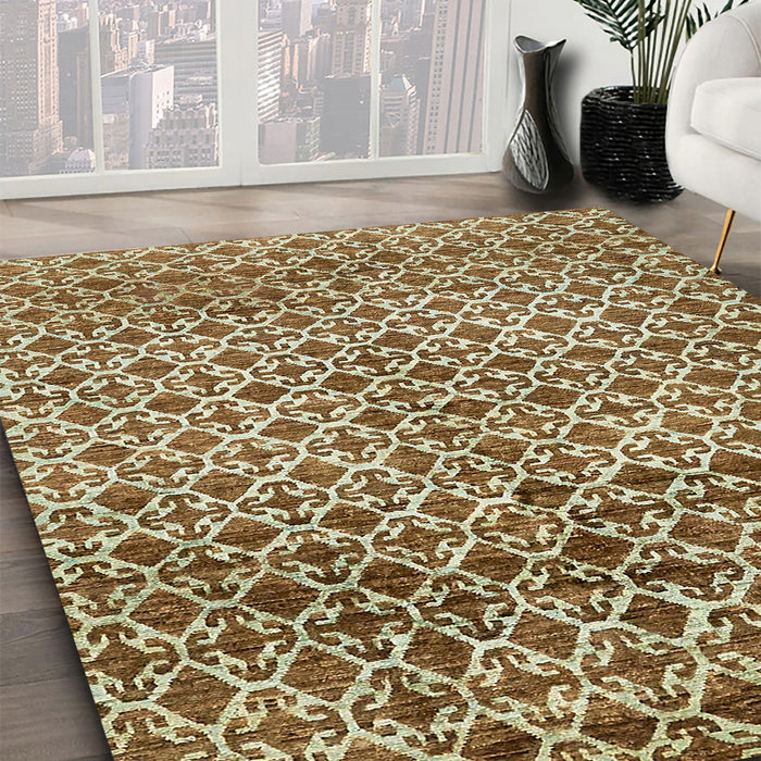 Abstract Ginger Brown Green Modern Rug in Family Room, abs425