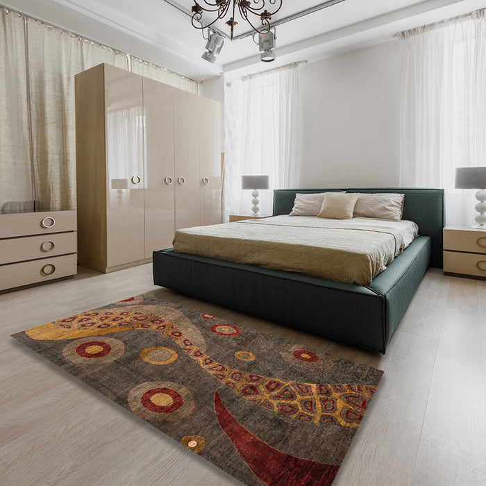 Abstract Dark Gold Brown Oriental Rug in a Bedroom, abs4262