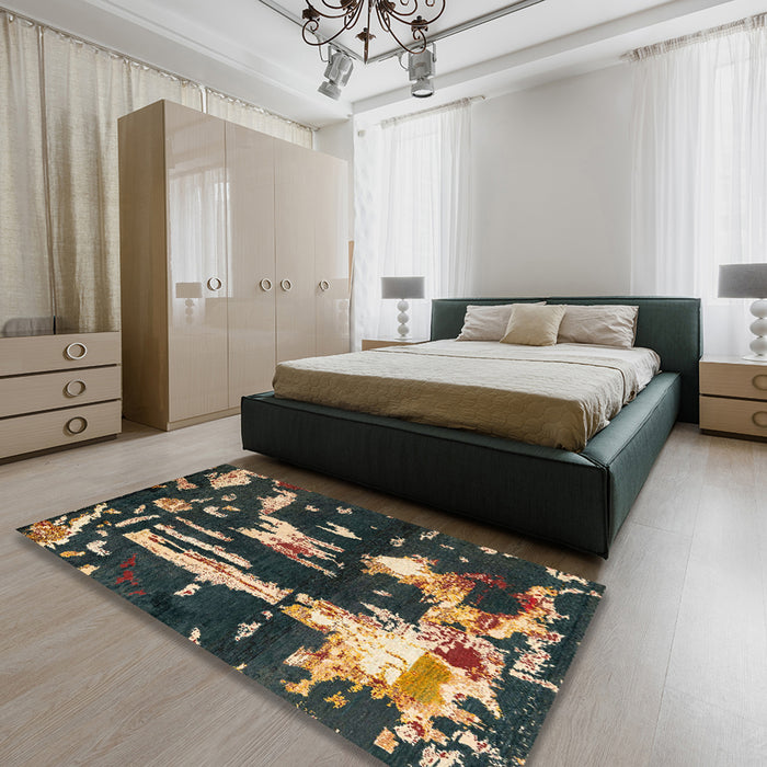 Abstract Dark Almond Brown Oriental Rug in a Bedroom, abs4265
