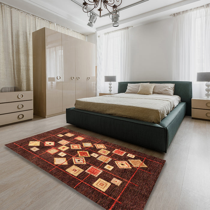Abstract Chocolate Brown Oriental Rug in a Bedroom, abs4271