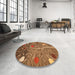 Round Machine Washable Abstract Saddle Brown Rug in a Office, wshabs4279