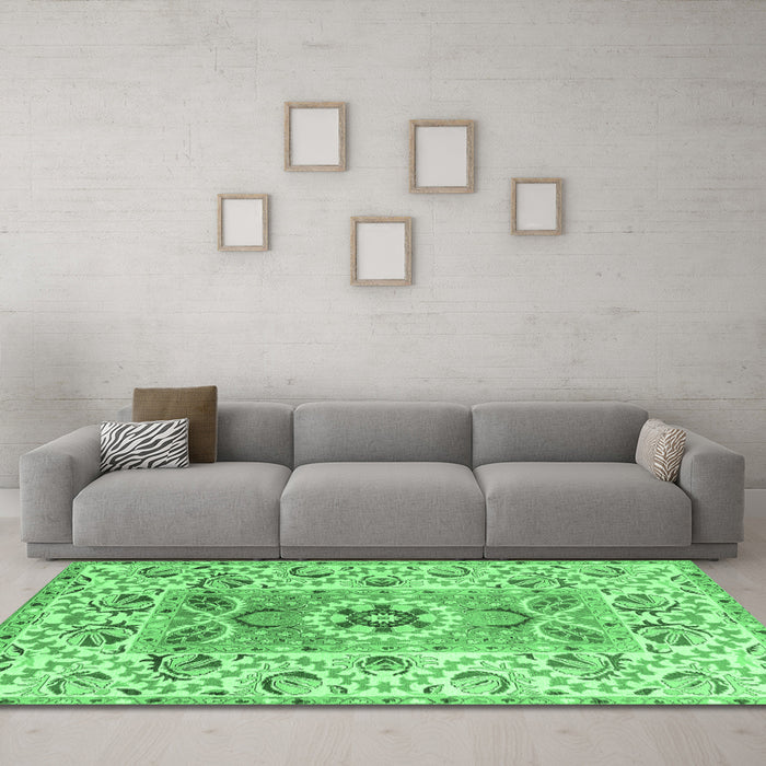 Machine Washable Abstract Emerald Green Modern Area Rugs in a Living Room,, wshabs4287emgrn
