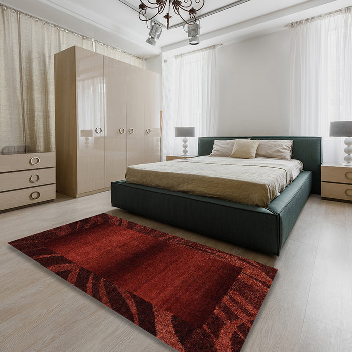 Machine Washable Abstract Saffron Red Rug in a Bedroom, wshabs4296