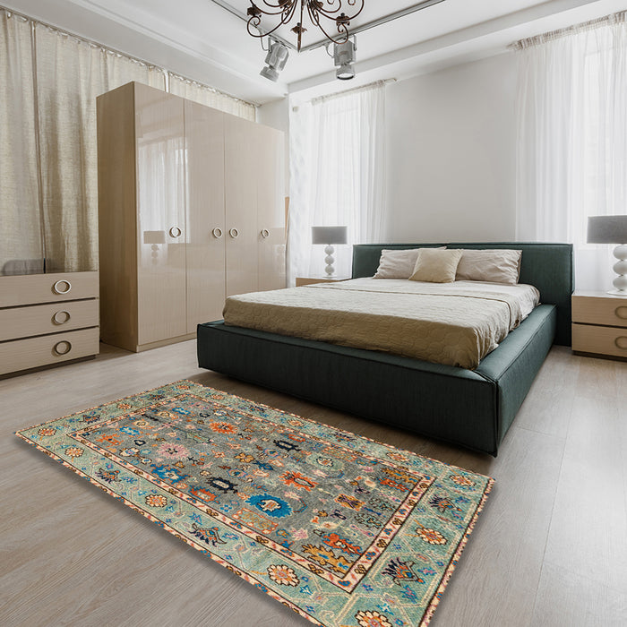 Abstract Olive Green Oriental Rug in a Bedroom, abs4308