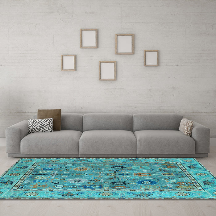 Machine Washable Oriental Light Blue Traditional Rug in a Living Room, wshabs4308lblu