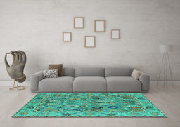 Machine Washable Oriental Turquoise Traditional Area Rugs in a Living Room,, wshabs4308turq