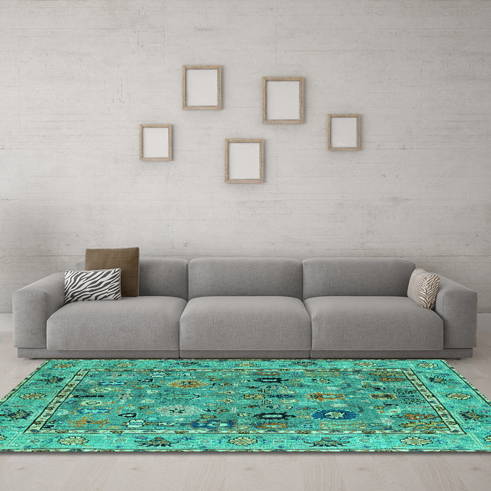 Machine Washable Oriental Turquoise Traditional Area Rugs in a Living Room,, wshabs4308turq
