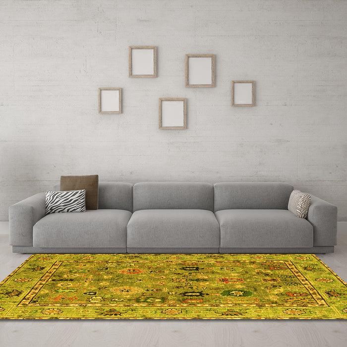 Machine Washable Oriental Yellow Traditional Rug in a Living Room, wshabs4308yw