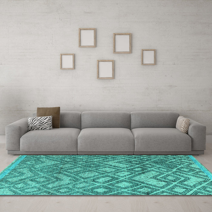 Machine Washable Abstract Turquoise Modern Area Rugs in a Living Room,, wshabs4309turq