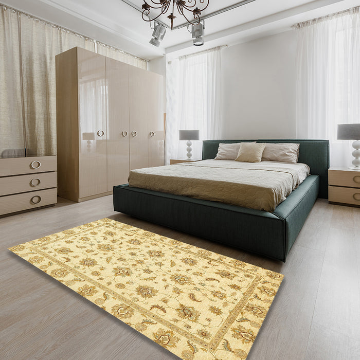 Abstract Yellow Oriental Rug in a Bedroom, abs430