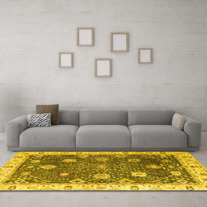Machine Washable Oriental Yellow Traditional Rug in a Living Room, wshabs4310yw