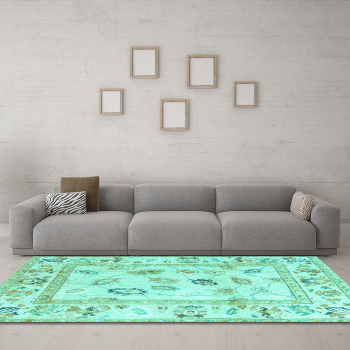 Machine Washable Oriental Turquoise Traditional Area Rugs in a Living Room,, wshabs4311turq