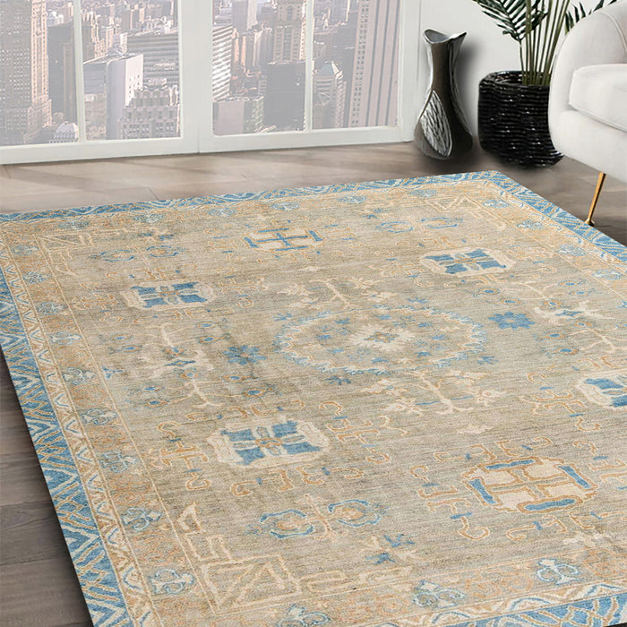 Abstract Tan Brown Oriental Rug in Family Room, abs4318
