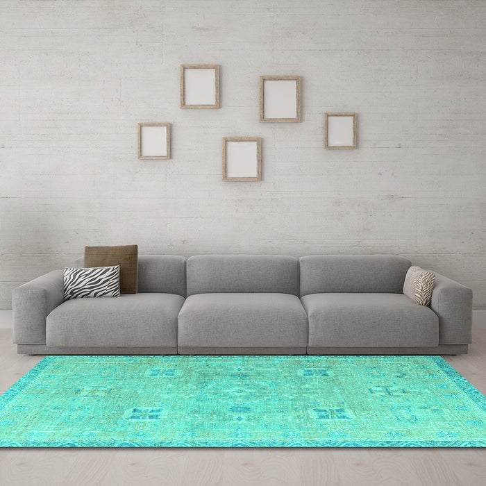 Machine Washable Oriental Turquoise Traditional Area Rugs in a Living Room,, wshabs4318turq