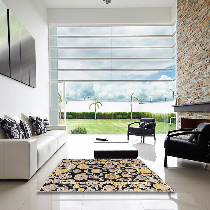 Square Abstract Charcoal Gray Modern Rug in a Living Room, abs4319