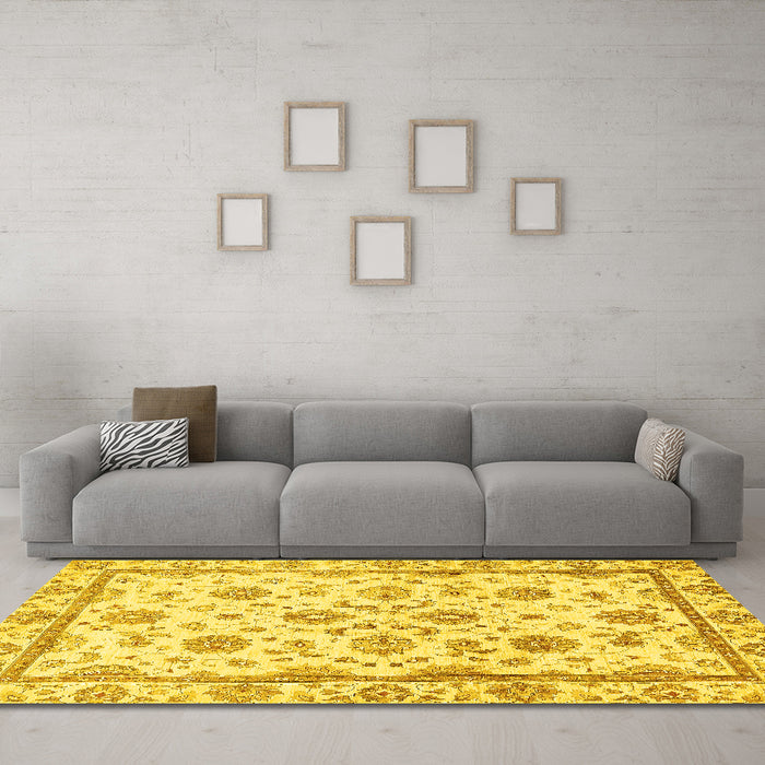Machine Washable Oriental Yellow Traditional Rug in a Living Room, wshabs431yw
