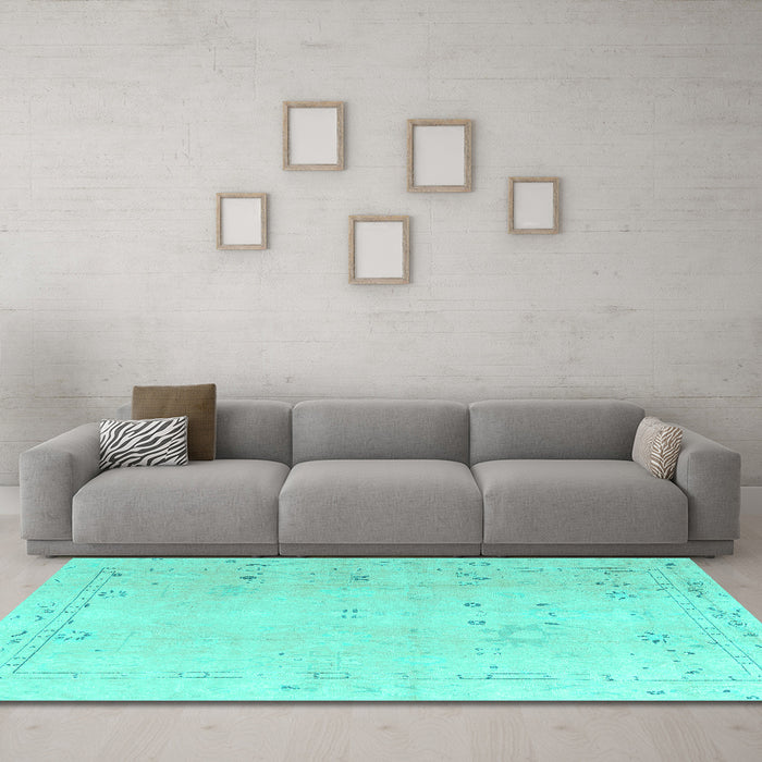 Machine Washable Oriental Turquoise Traditional Area Rugs in a Living Room,, wshabs4320turq