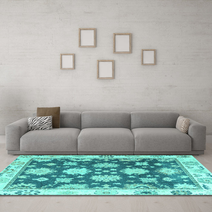 Machine Washable Oriental Turquoise Traditional Area Rugs in a Living Room,, wshabs4321turq