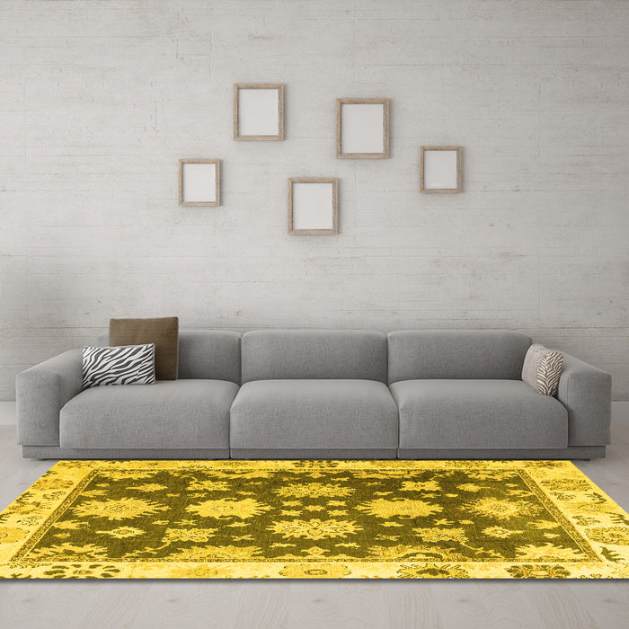 Machine Washable Oriental Yellow Traditional Rug in a Living Room, wshabs4321yw
