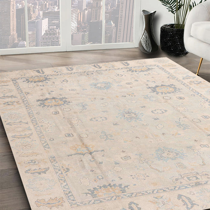 Abstract Wheat Beige Oriental Rug in Family Room, abs4322