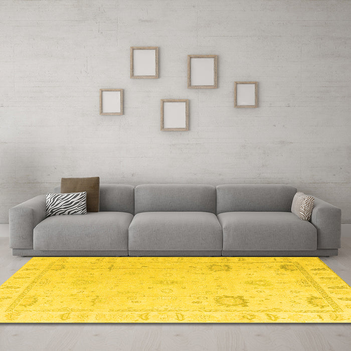 Machine Washable Oriental Yellow Traditional Rug in a Living Room, wshabs4322yw