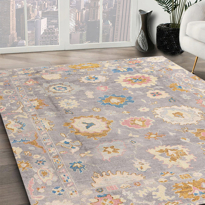 Abstract Khaki Rose Pink Oriental Rug in Family Room, abs4324