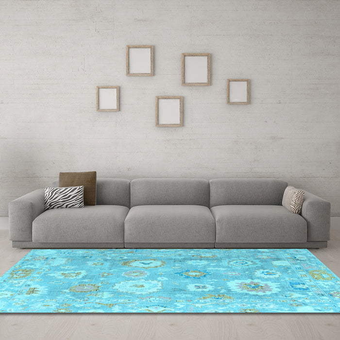 Machine Washable Oriental Light Blue Traditional Rug in a Living Room, wshabs4324lblu