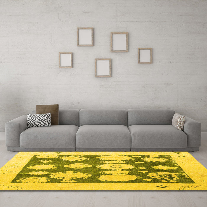 Machine Washable Oriental Yellow Traditional Rug in a Living Room, wshabs4328yw