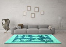 Machine Washable Oriental Turquoise Traditional Area Rugs in a Living Room,, wshabs4328turq