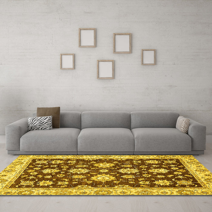 Machine Washable Oriental Yellow Traditional Rug in a Living Room, wshabs432yw