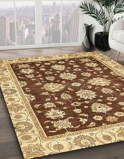 Abstract Chrome Gold Yellow Oriental Rug in Family Room, abs432