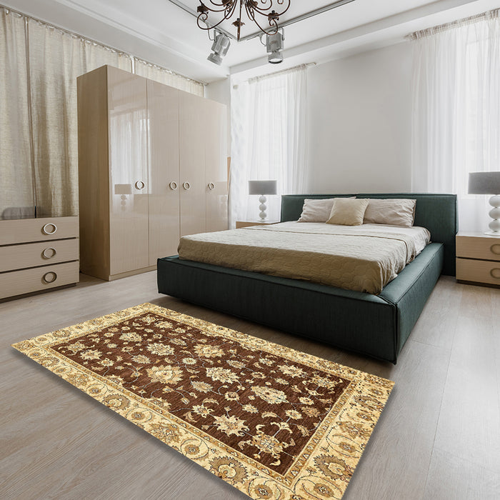 Abstract Chrome Gold Yellow Oriental Rug in a Bedroom, abs432