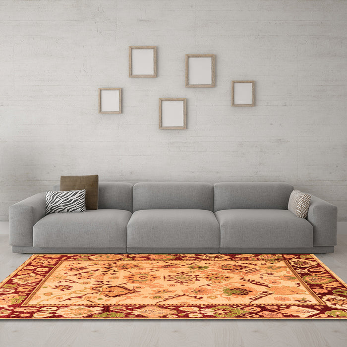 Machine Washable Abstract Orange Modern Area Rugs in a Living Room, wshabs4332org