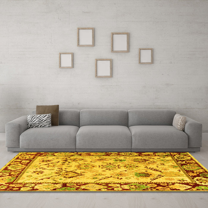 Machine Washable Abstract Yellow Modern Rug in a Living Room, wshabs4332yw