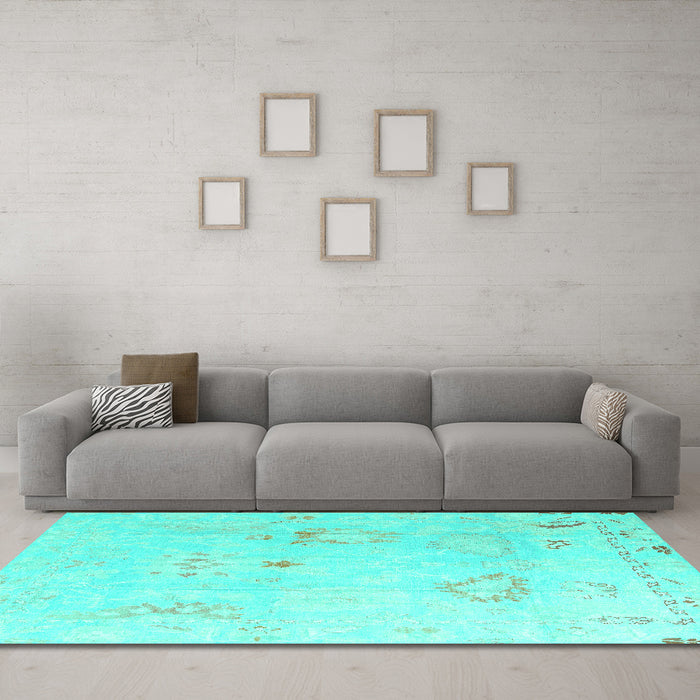Machine Washable Oriental Turquoise Traditional Area Rugs in a Living Room,, wshabs4336turq