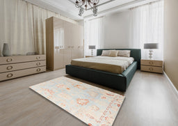 Abstract White Gold Oriental Rug in a Bedroom, abs4336