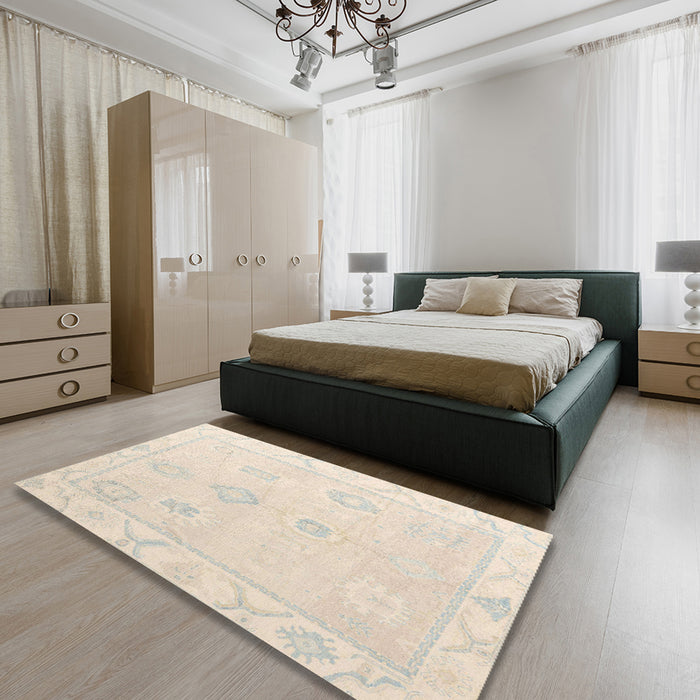 Abstract Wheat Beige Oriental Rug in a Bedroom, abs4337