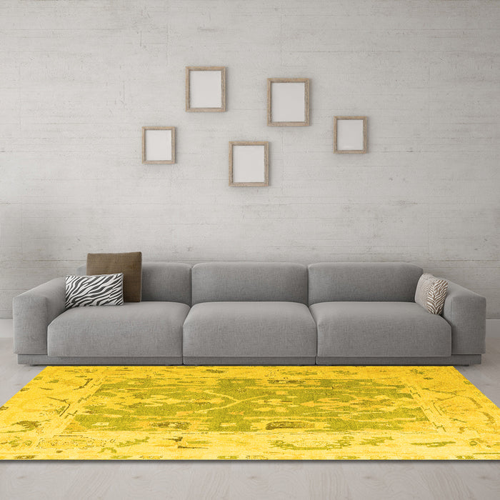 Machine Washable Oriental Yellow Traditional Rug in a Living Room, wshabs4343yw