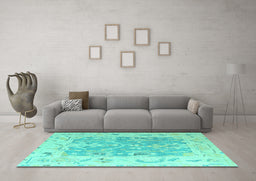Machine Washable Oriental Turquoise Traditional Area Rugs in a Living Room,, wshabs4343turq