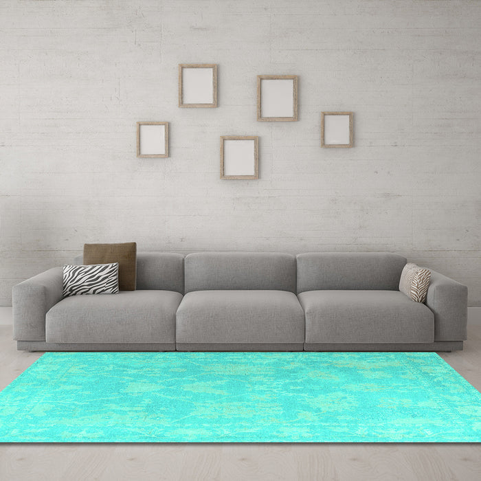 Machine Washable Oriental Turquoise Traditional Area Rugs in a Living Room,, wshabs4347turq