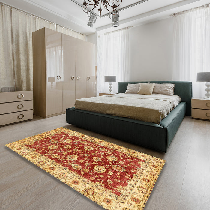 Abstract Orange Oriental Rug in a Bedroom, abs434