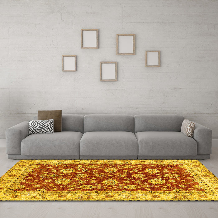 Machine Washable Oriental Yellow Traditional Rug in a Living Room, wshabs434yw