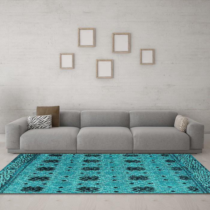 Machine Washable Oriental Turquoise Modern Area Rugs in a Living Room,, wshabs4354turq