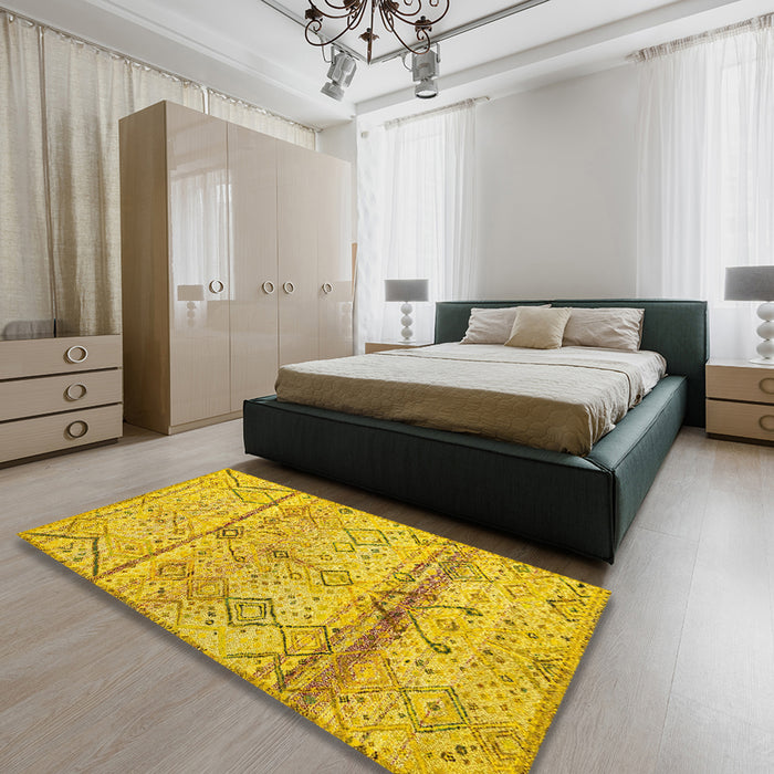 Abstract Caramel Brown Oriental Rug in a Bedroom, abs4355