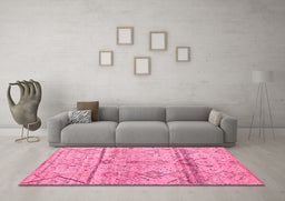 Machine Washable Oriental Pink Modern Rug in a Living Room, wshabs4355pnk