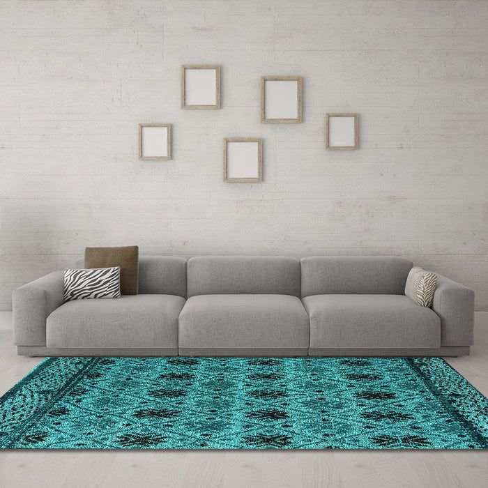 Machine Washable Abstract Turquoise Modern Area Rugs in a Living Room,, wshabs4359turq